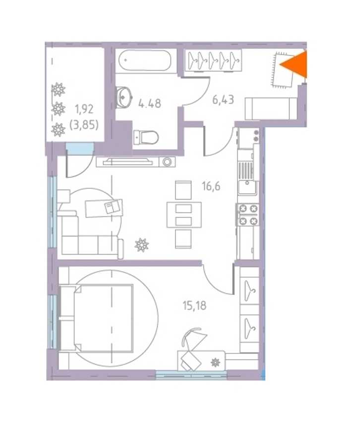 Однокомнатная квартира в : площадь 45.5 м2 , этаж: 2 – купить в Санкт-Петербурге